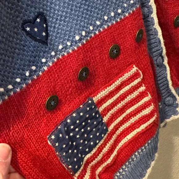 Koret City Blues Patriotic USA Flag Cardigan Americana Stars Hearts Knit Top - Picture 2 of 4